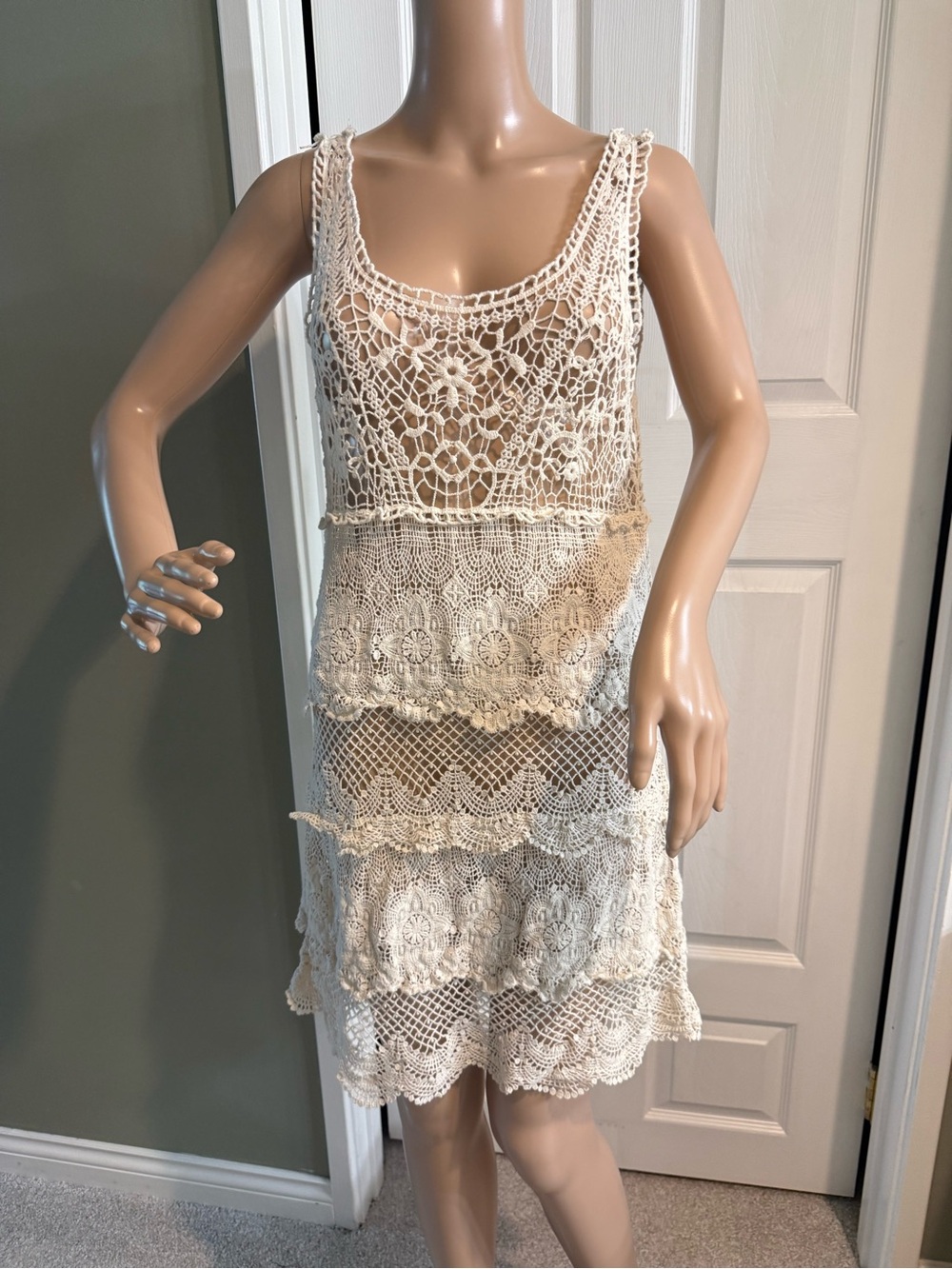American Eagle Crochet Sleeveless Mini Dress M Swim CoverUp Beige